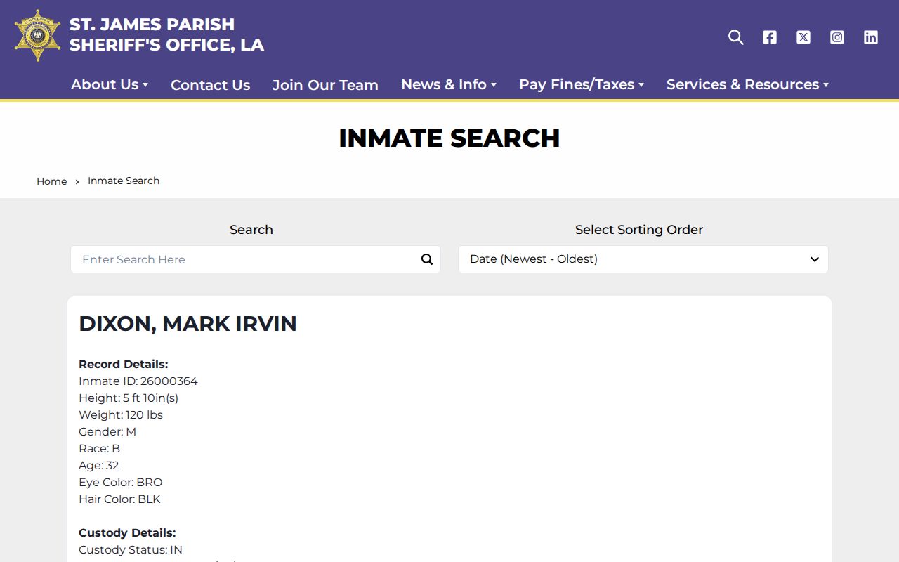 St. James Parish current inmate roster used before a released inmate search