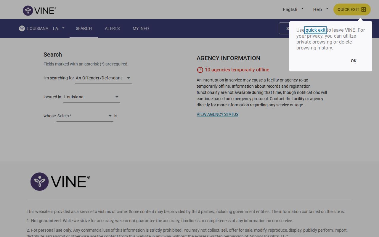 St. James Parish VINELink inmate search for a specific release record